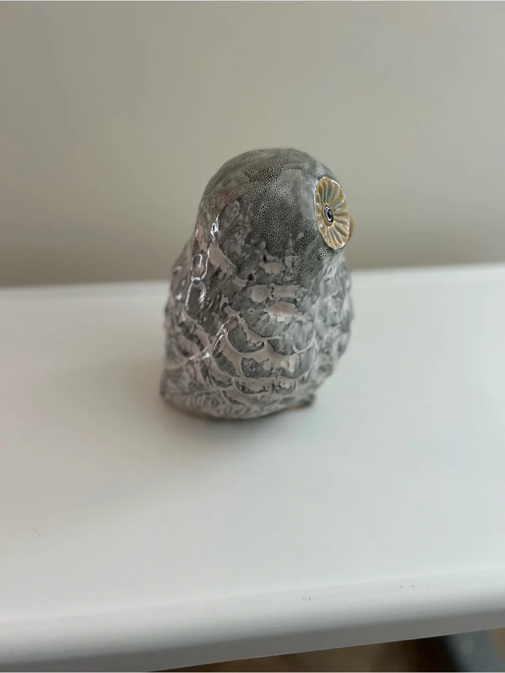 Gray Ceramic Owl Figurine with Gold Accent - Decorative Bird